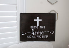 Load image into Gallery viewer, Cross Bless This Home Hanging Wood Sign - Mats and Signs For You