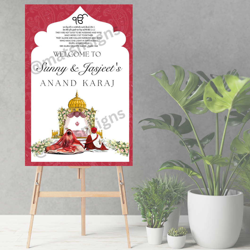 Red Anand Karaj Wedding Sign (Foam Board)