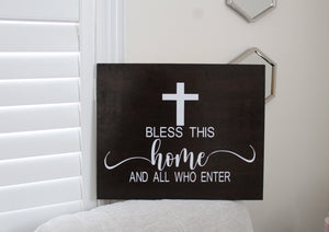 Cross Bless This Home Hanging Wood Sign - Mats and Signs For You