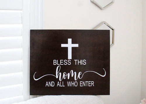 Cross Bless This Home Hanging Wood Sign - Mats and Signs For You